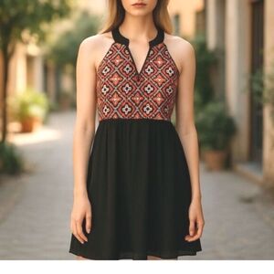 Savanna Jane  L New Embroidery Babydoll Dress Mini- Halter-V-neck- Boho Romantic
